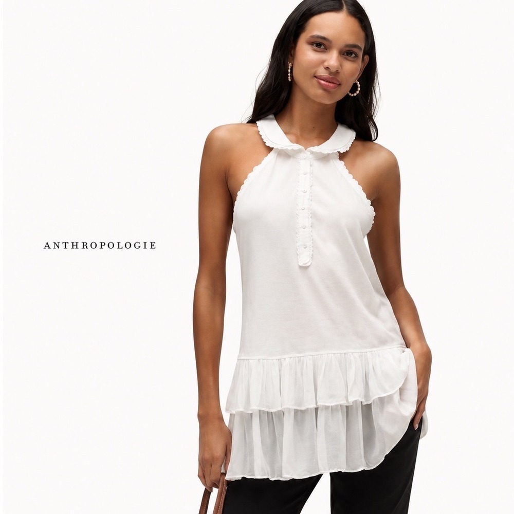 Anthropologie Maeve Ivory Ruffle Halter‎ Top Peter Pan Collar Tunic Size Medium